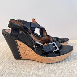 SOFFT  $120 SZ 8 M BLACK LEATHER CORK & GOLD FLECK WEDGE 4.5" HEEL SANDALS